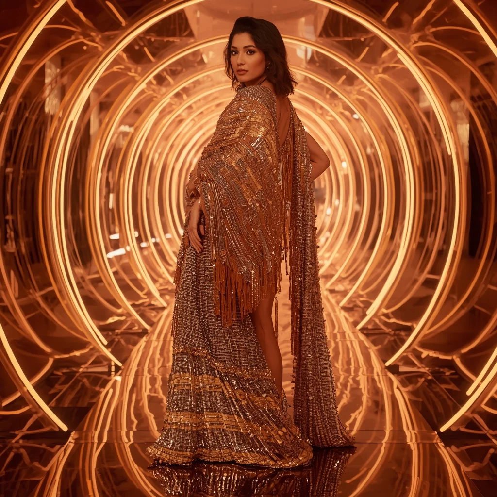 Golden Mirage Flame Saree with Prism Spiral Reflection Neon Infinity Hallways | Travel Ai Prompt