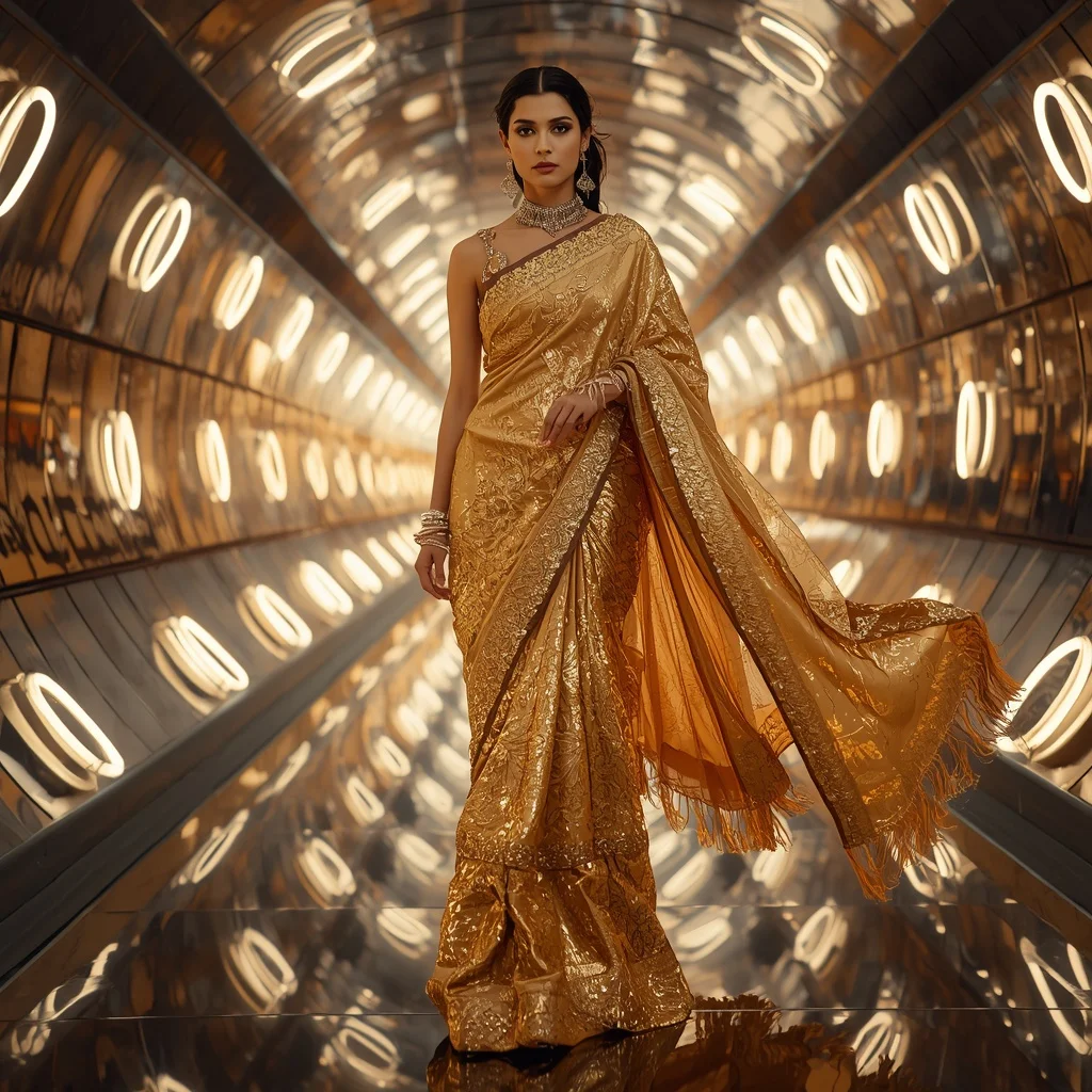Golden Mirage Inferno Saree with Reflection Spiral Neon Geometry Bridges | Aesthetic Ai Prompt