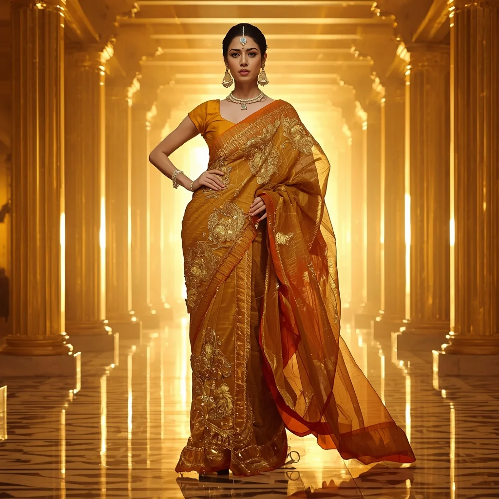 Golden Mirage Solar Core Temple Saree – Heavy Festival Saree with Regal Pose and Solar Core Temple Background | Instagram Photography Ai Prompt