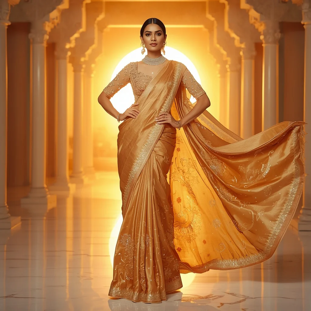 Golden Mirage Solar Zenith Templeflare Saree – Heavy Festival Saree with Regal Pose and Zenith Templeflare Background | Ideogram Ai Prompt