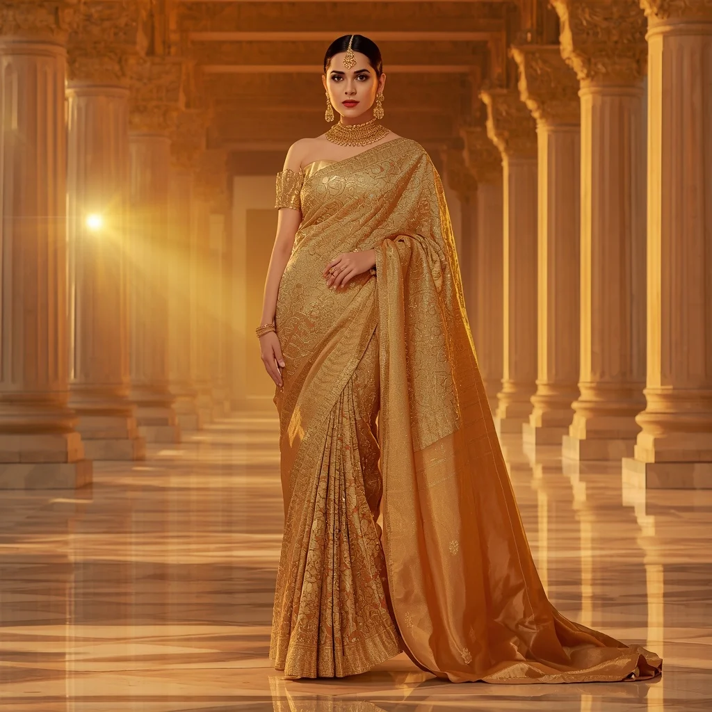 Golden Mirage Solar Zenithflare Saree – Heavy Festival Saree with Regal Pose and Solar Zenithflare Temple Background | Ai Gemini Prompt