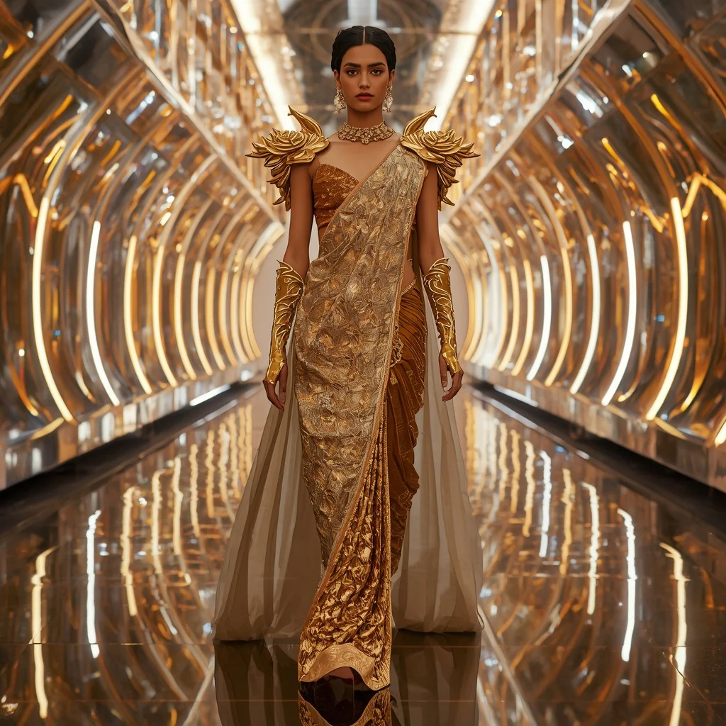 Golden Mirror Hyperverse Saree with One Hundred Fifty Fashion Frames and Holographic Infinity Eternal Hyperrealm | Whatsapp Dp Ai Prompt