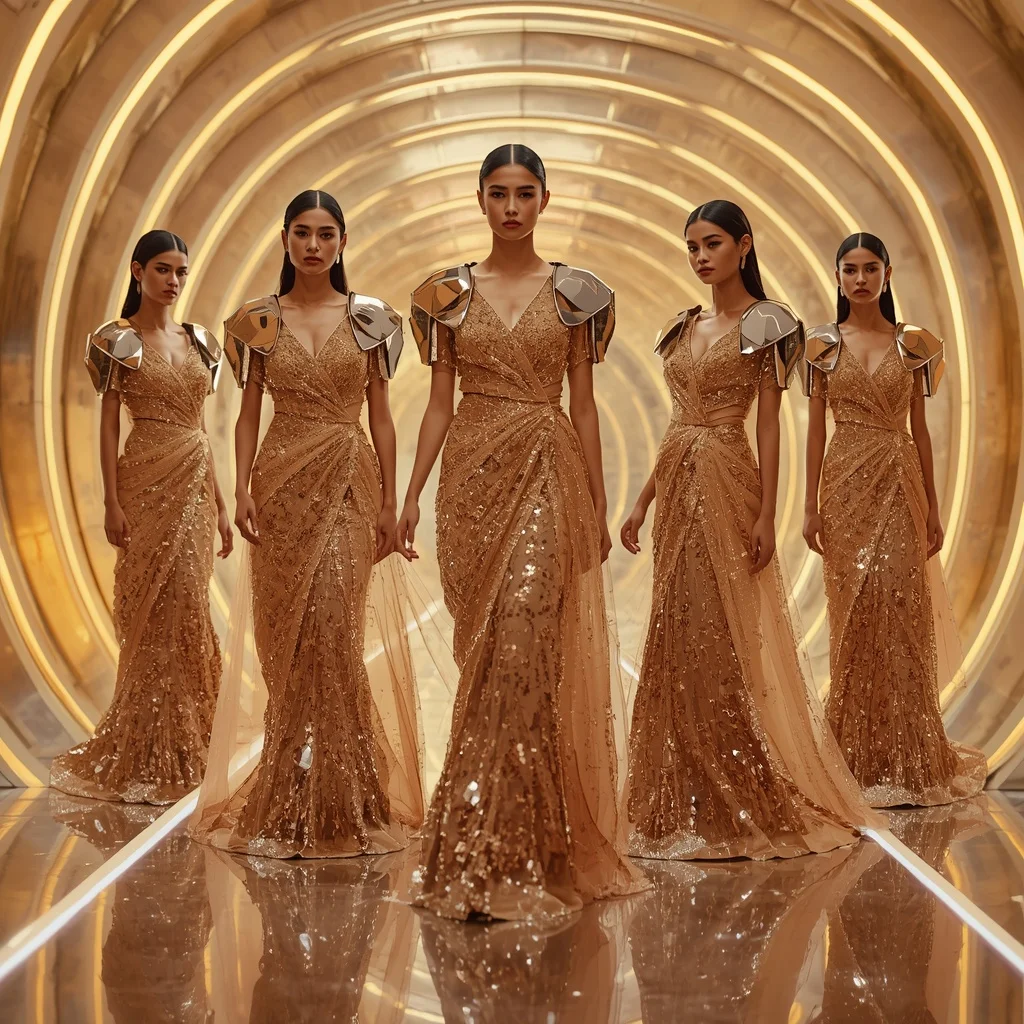 Golden Mirror Royale Saree with Five Fashion Frames and Holographic Infinity Palace | Youtube Thumbnail Ai Prompt