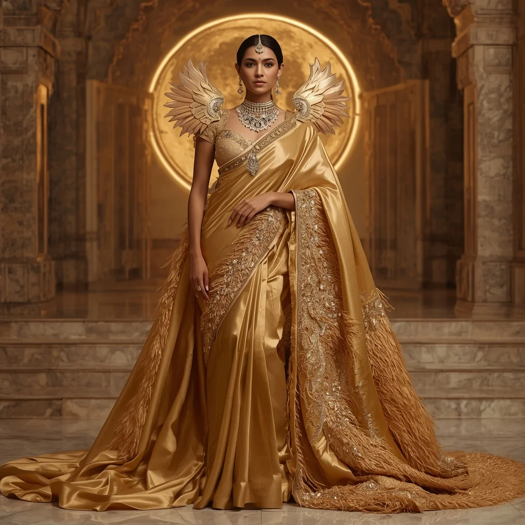 Golden Moon Phoenix Saree – Heavy Royal Designer Saree with Throne Pose and Moon Phoenix Temple Background | Editing Prompt Girl