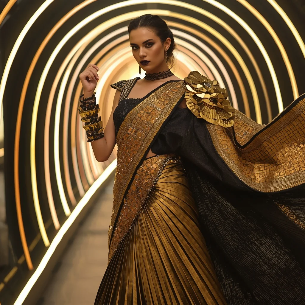 Golden Obsidian Fantasy Saree with Curved Laser Corridor | Indian Girl Saree Ai Prompt 4k Realistic