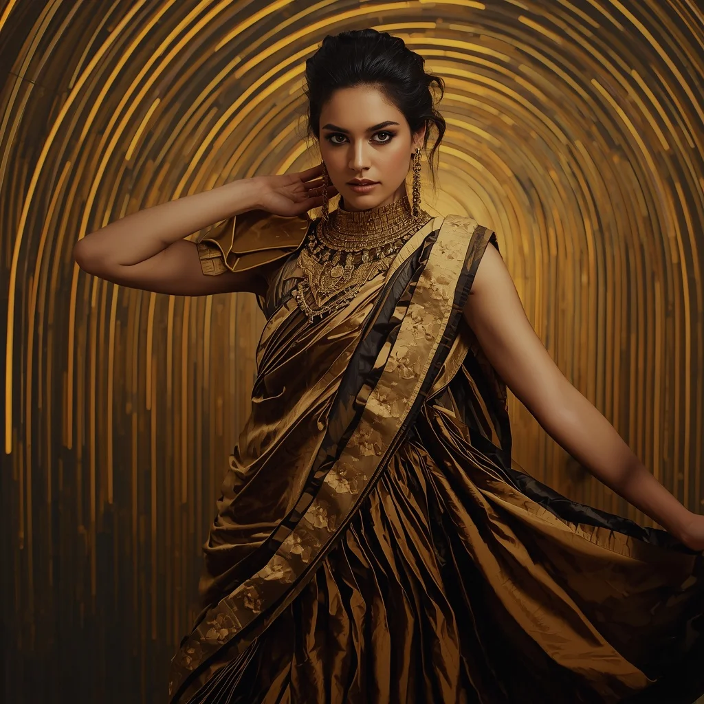 Golden Obsidian Mirror Saree with Curved Laser Kingdom | Ai Photo Editing Prompt