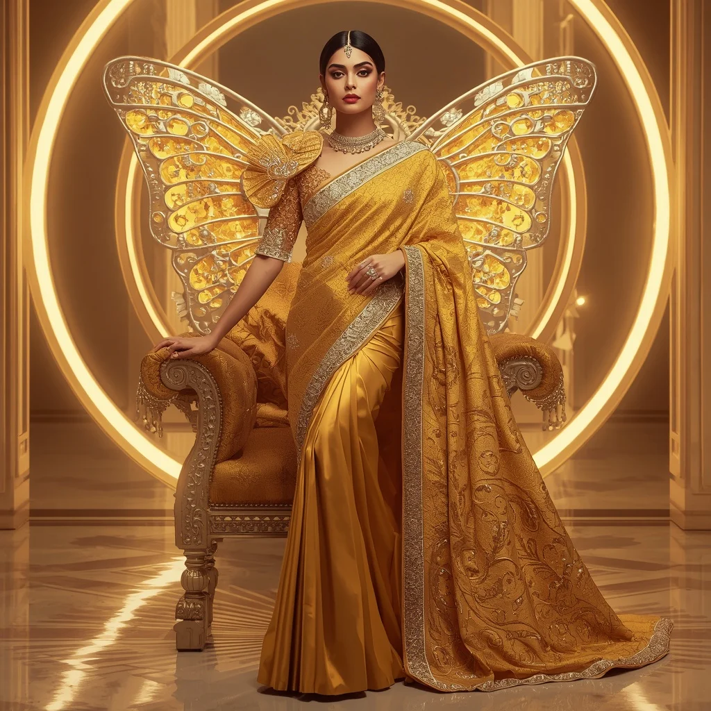 Golden Orbit Butterfly Saree – Heavy Royal Designer Saree with Throne Pose and Orbit Butterfly Temple Background | Anime Ai Prompt