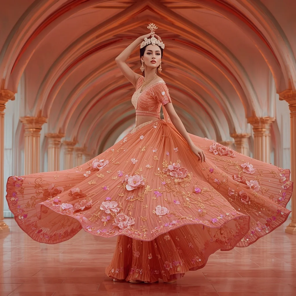 Golden Orchid Titanveil Lotus Festival Saree with Infinity Bloom Prism Crown Elysium Empire Sanctuary Palace | Text To Image Prompt