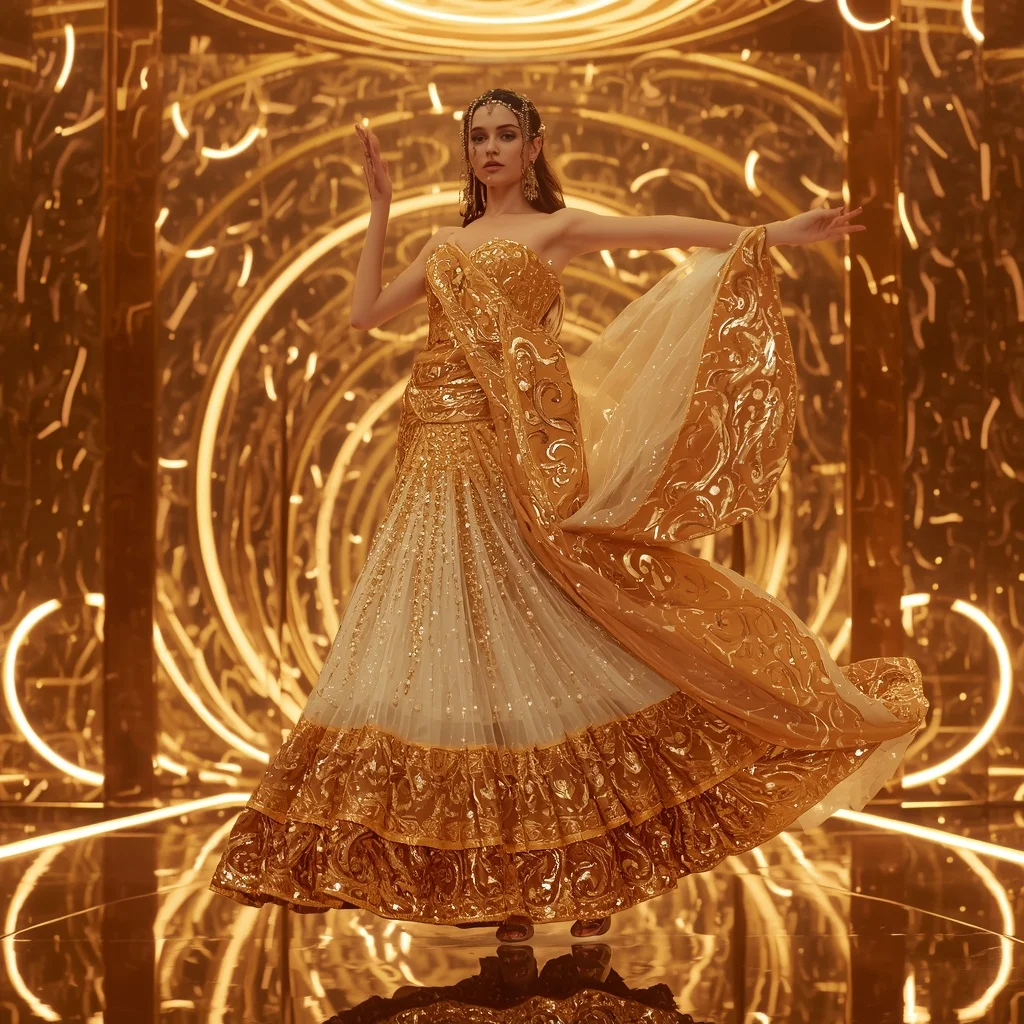 Golden Solar Dynasty Saree with Infinity Halo Dome | Instagram Aesthetic Ai Prompt