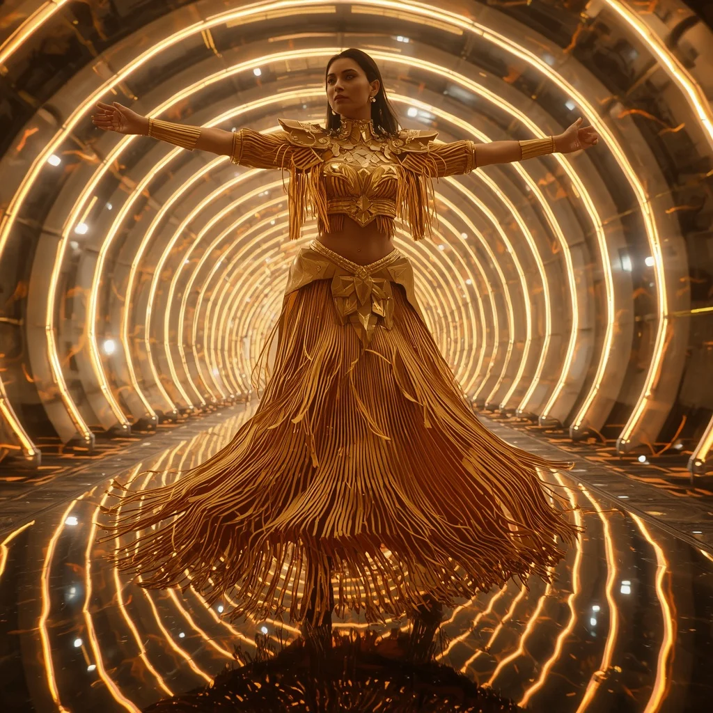 Golden Solar Flare Zenith Infinity Armor Saree with Neon Spiral Reactor Vault Energy Cathedral Core System | Luxury Ai Prompt