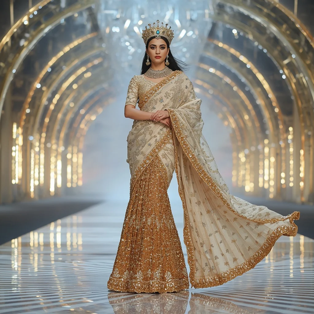 Golden Swan Empress Saree with Sky Crystal Crown Atrium | Trending Prompts For Instagram For Girl