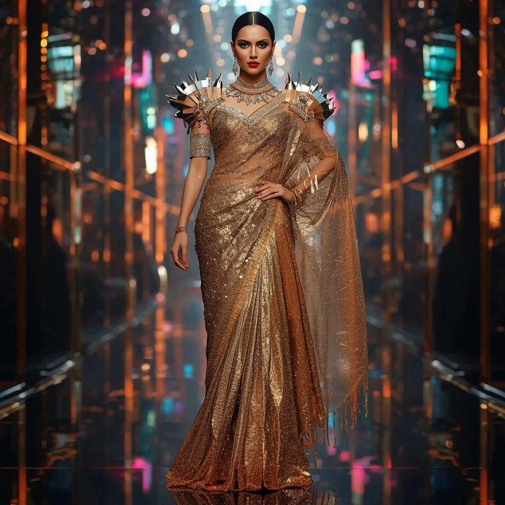 Golden Thunder Fantasy Saree with Floating Prism Reflection Hall | New Design Ai Prompt