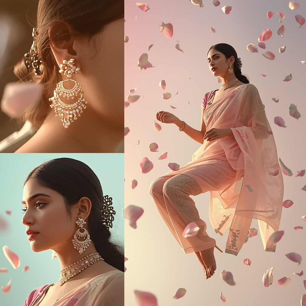 Gravity Defying Floating Elements Portrait For Pastel Indian Saree | Saree Prompt Text To Image