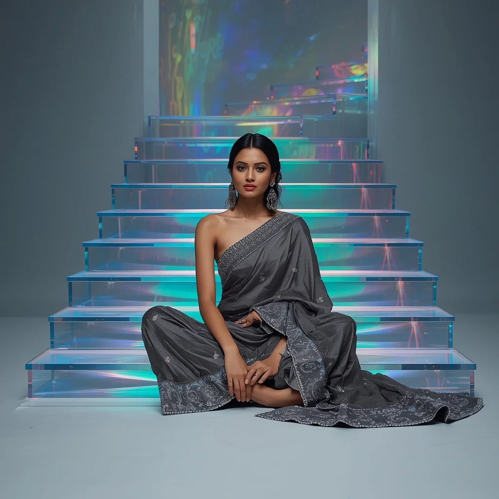Gunmetal Fiber-Optic Saree – Cross-Legged Sit with Rainbow Prism Stairs | Chatgpt Photo Editing Styles For Girl