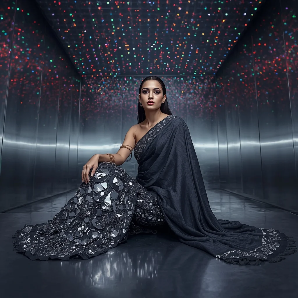 Gunmetal Grey and Silver Mirror-Mosaic Saree with Edgy Pose | Instagram Prompt For Traditional Look For Girl