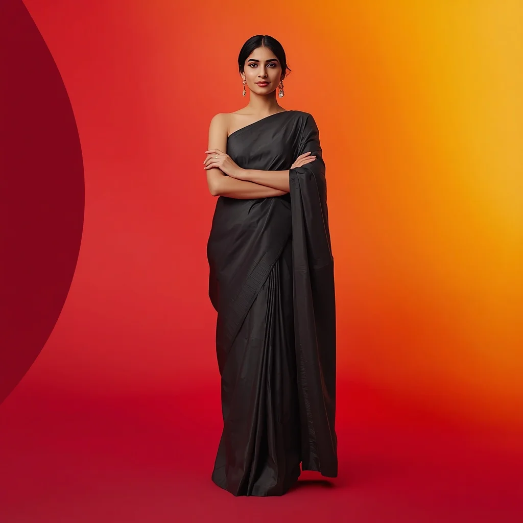 Gunmetal Origami Fold Saree – Boss Arms-Crossed Stance with Sunset Ombre Sweep | New Instagram Trend Prompt For Girl And Boy Aesthetic