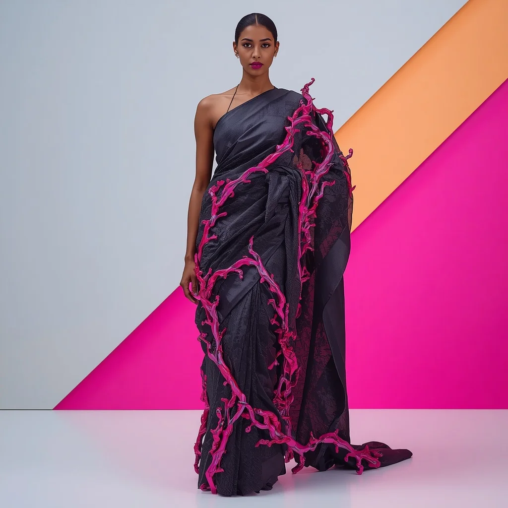 Heavy 3D Carbon Fiber Saree with Shimmering Neon Pink Plasma Vines | New Instagram Trend Prompt For Girl Copy And Paste
