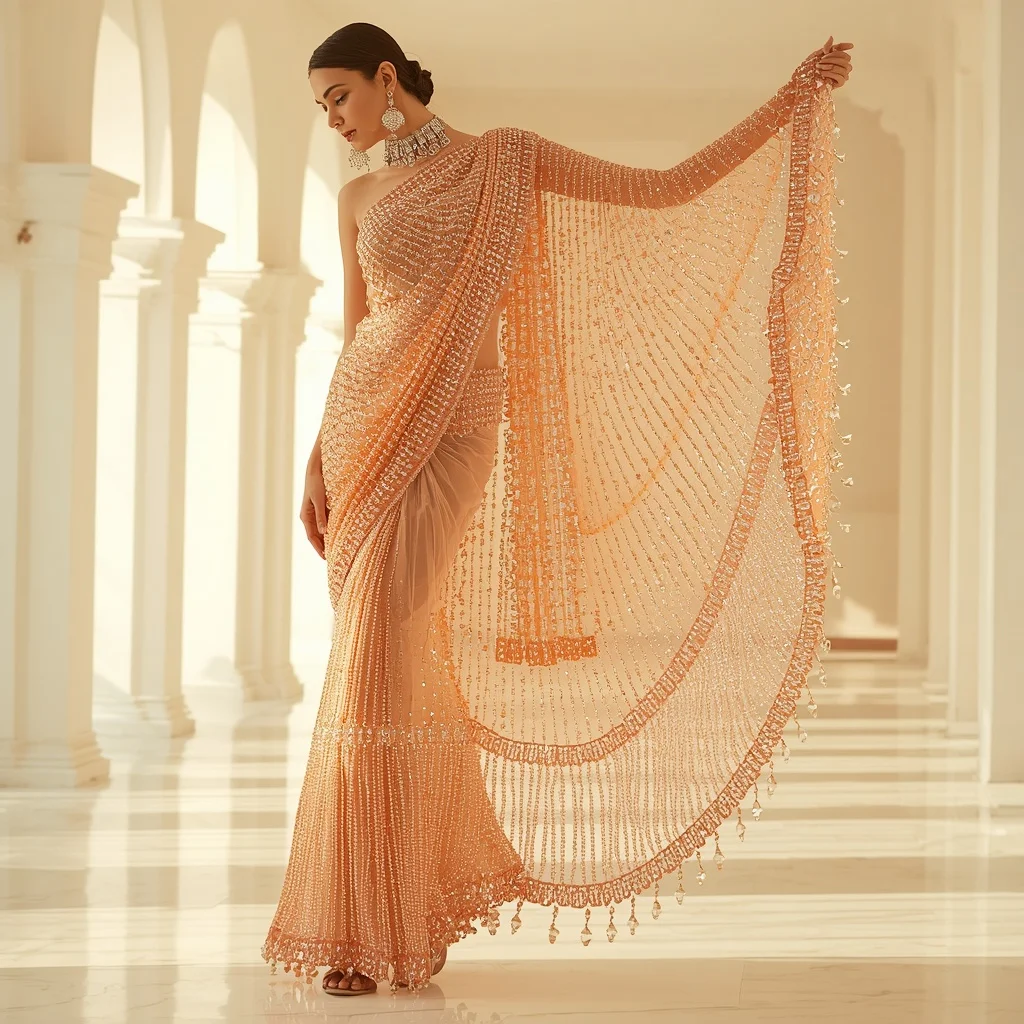 Heavy 3D Crystal Chandelier Fringe Apricot Saree | Dramatic Pallu Drop Pose | Image Prompt