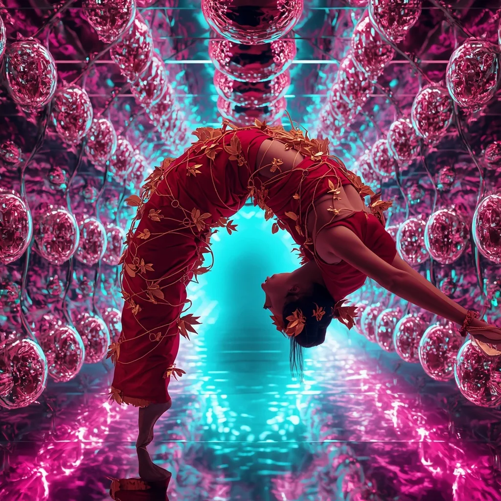 Heavy 3D Metallic Vine Armor & Crimson Silk Saree | Mid-Air Hovering Arch Pose | Glowing Neon Fractal Tunnels | Realistic Ai Prompt