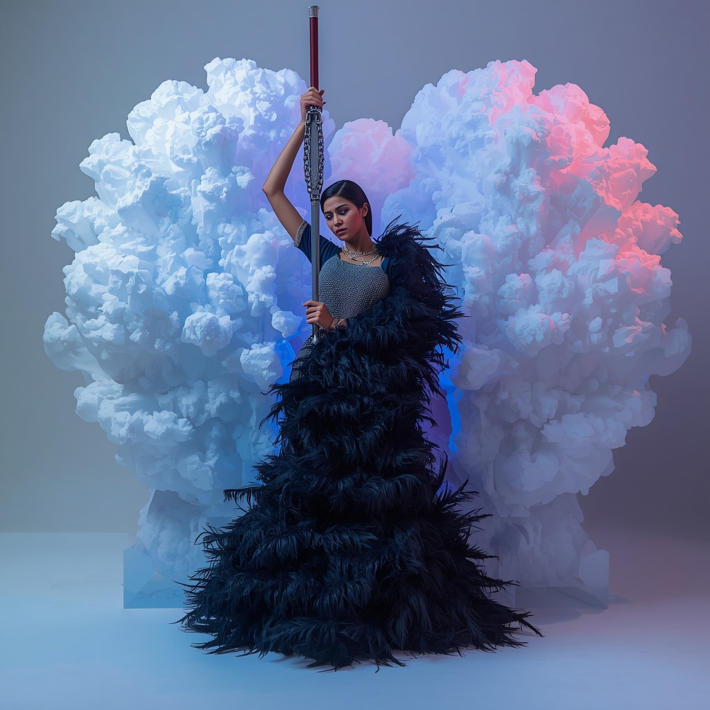 Heavy Chainmail & Ostrich Feather Saree: Navy Blue | The Over-The-Shoulder Weapon Draw Pose | 3D Liquid Nitrogen Clouds | Prompt For Gemini Saree