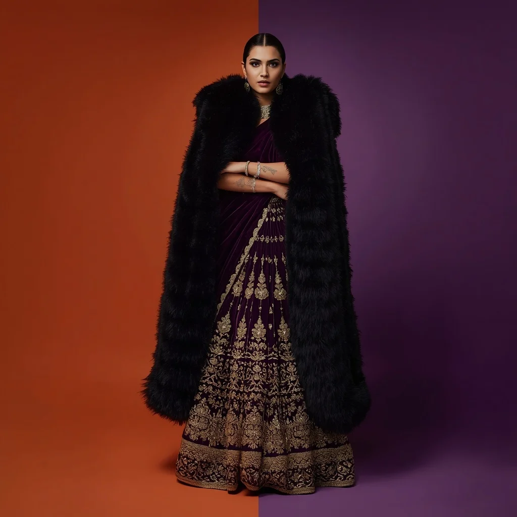 Heavy Faux Fur And Gold Sequin Velvet Saree Fusion Look | Realistic Ai Prompt