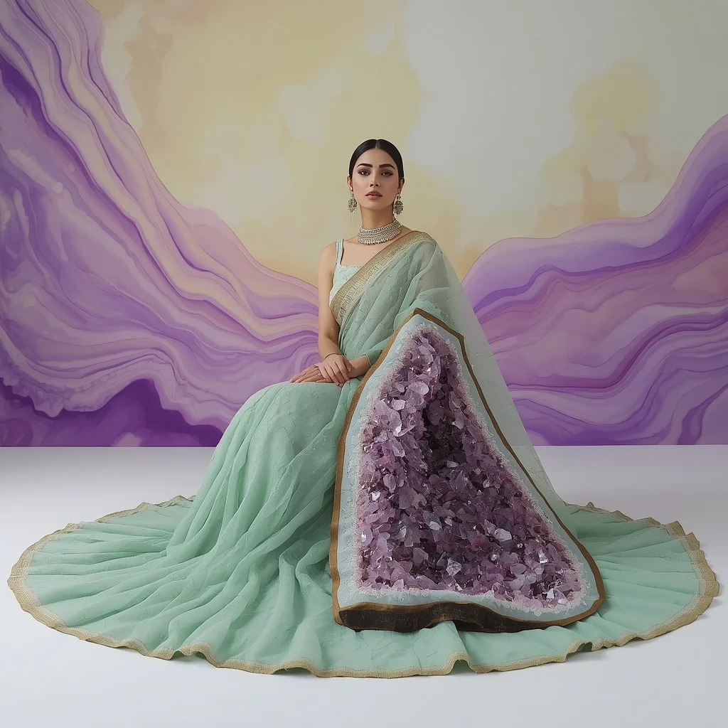 Heavy Geode And Crystal Cavern Textured Organza Saree Look | Bridal Ai Prompt
