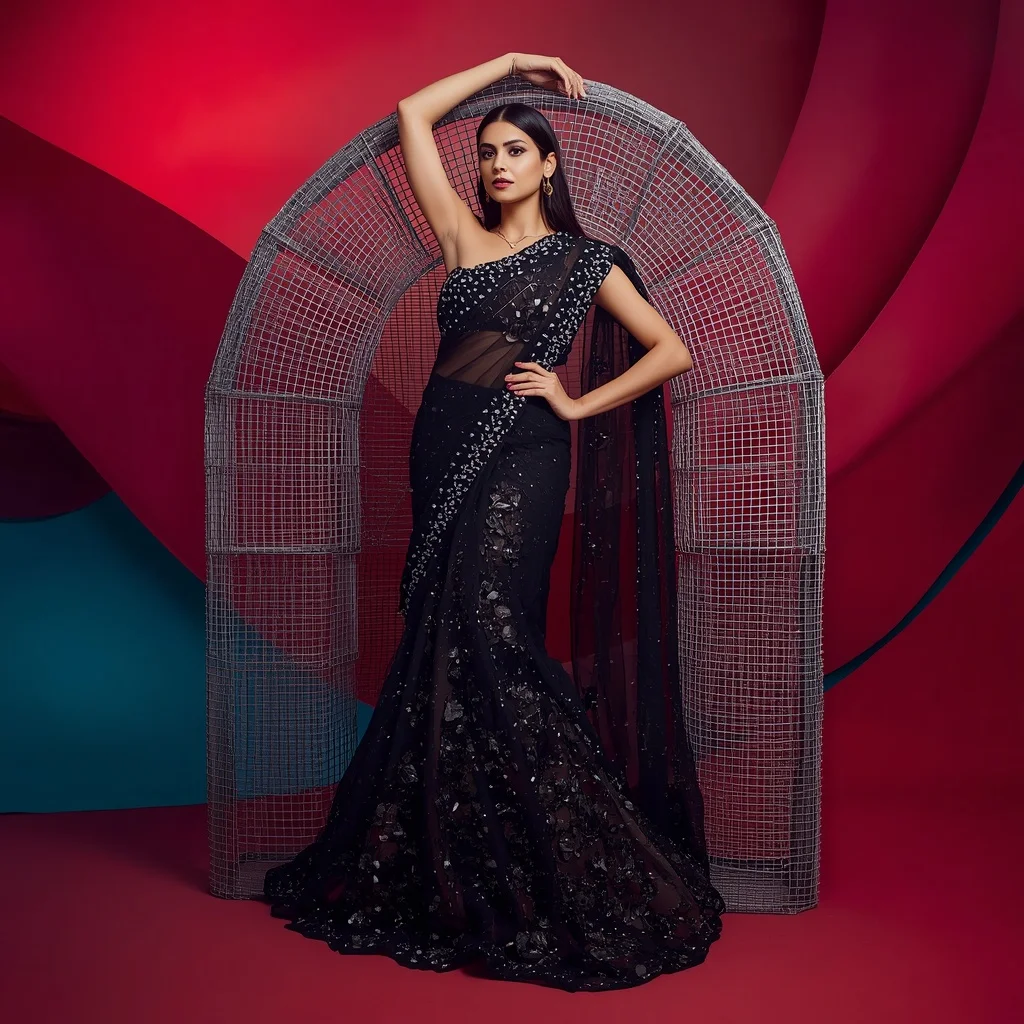 Heavy Obsidian Mirror And Silver Wire Mesh Designer Saree Concept | Prompt Gemini Ai