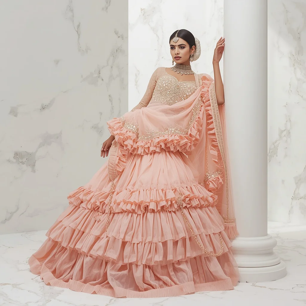 Heavy Pearl & Diamond Corset Ruffled Pink Saree | Power Leaning Pose Reels | Trending Ai Prompt