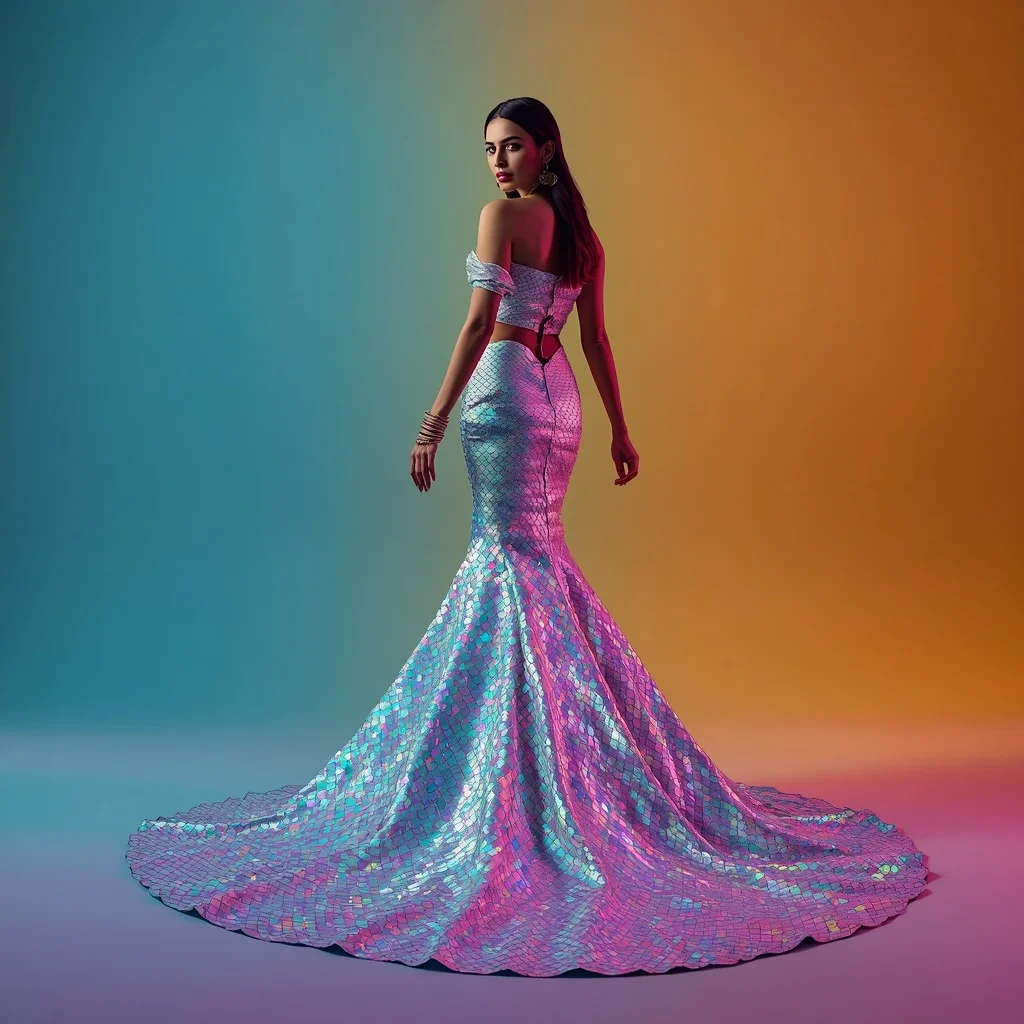 Heavy Prismatic Holographic Scale Mermaid Saree Gown Pose | Trending Ai Prompt