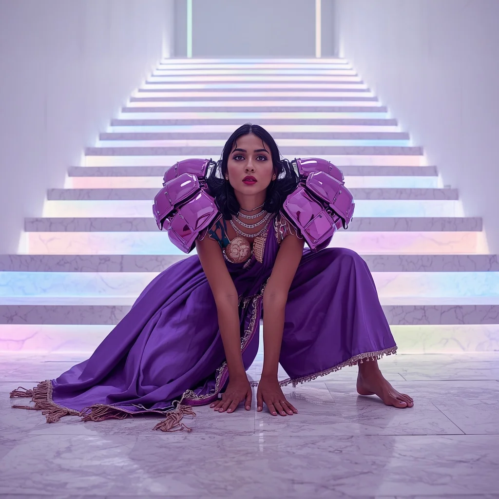 Heavy PVC Futuristic Armor Plating Saree: Amethyst Silk | The Crouching Tiger Saree Pose | Glowing Pastel Terrazzo Steps