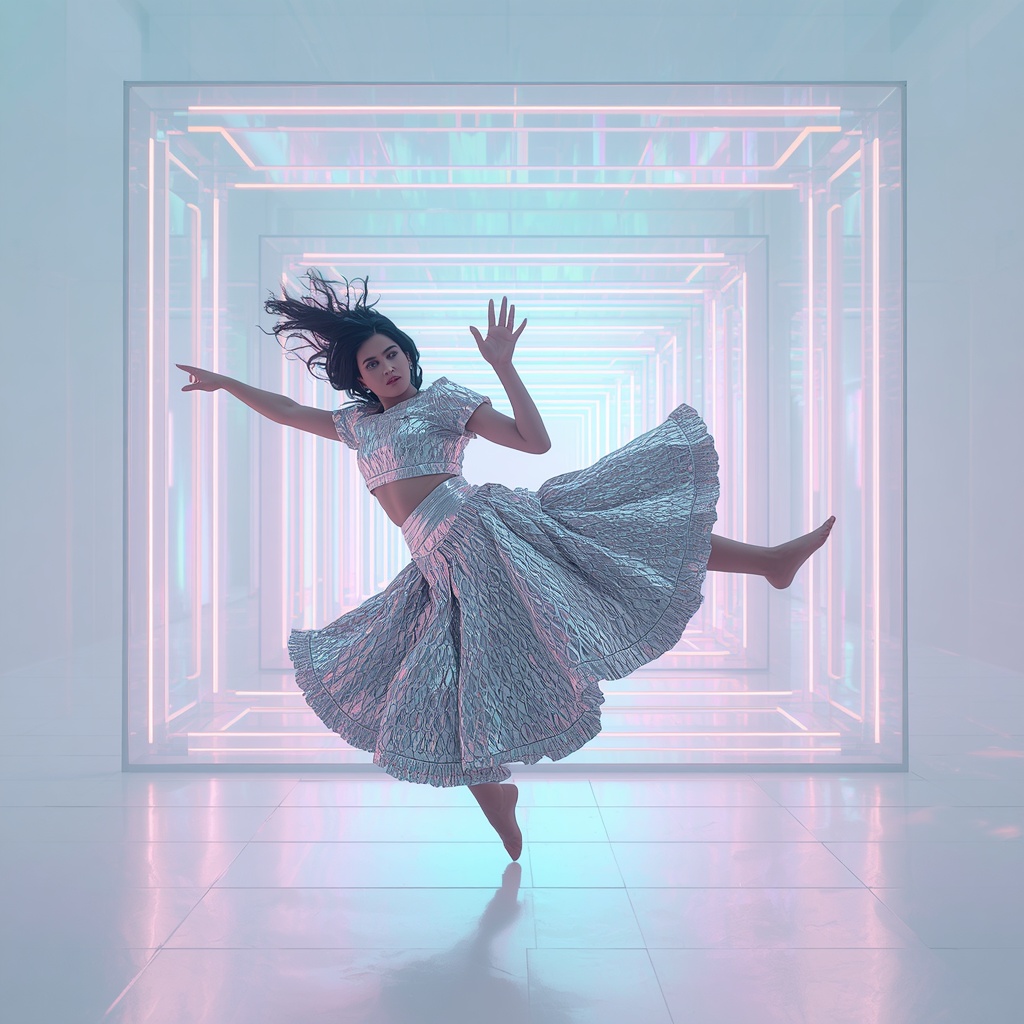 Heavy PVC Mirror-Scale Saree: Platinum Foil | The Mid-Air Torso Twist Kick Pose | 3D Holographic Labyrinth | Gemini Saree Prompt For Instagram