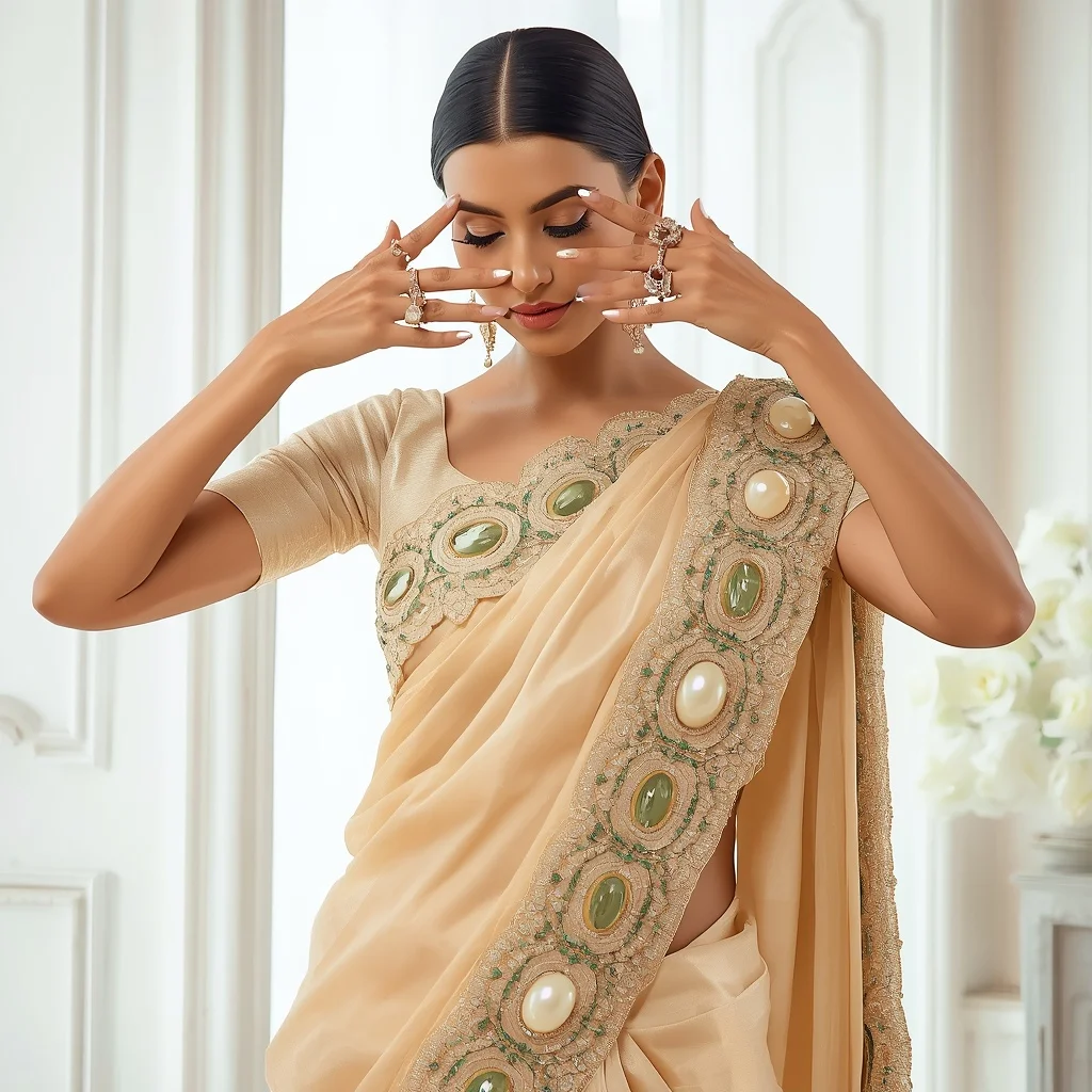 Heavy Scalloped Pearl & Emerald Border Pale Gold Saree | Hands Framing Face Pose | Ideogram Ai Prompt