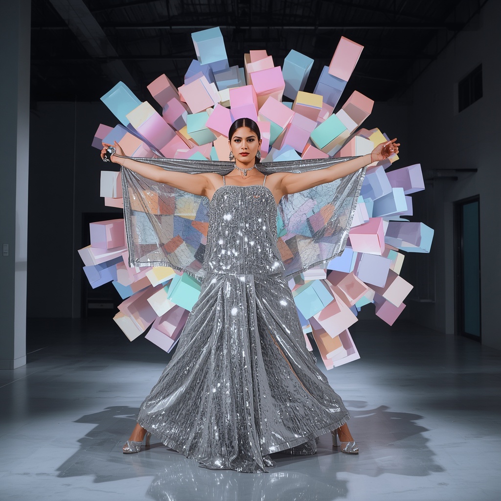 Heavy Sequin Armor & Liquid Silver Saree | Grounded Wide-Stance Pallu Stretch Pose | Floating Pastel Geometric Blocks | Prompt Gemini Ai
