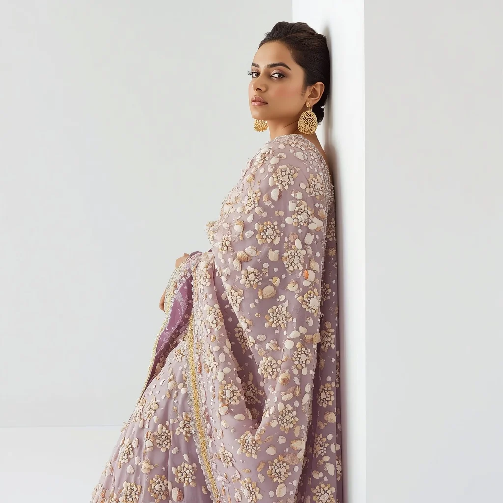 Heavy Shell & Crystal Encrusted Lilac Saree | Graceful Wall Leaning Pose | Ai Prompt For Instagram