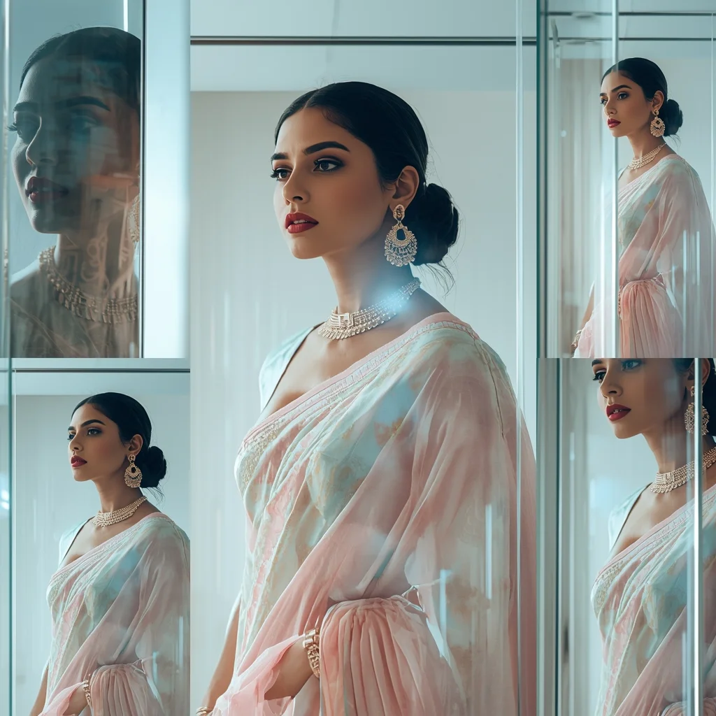 High Fashion Luxury Pastel Saree Image Prompt for Women with Glass Box Reflection and Editorial Look | Gemini Saree Prompt For Girl