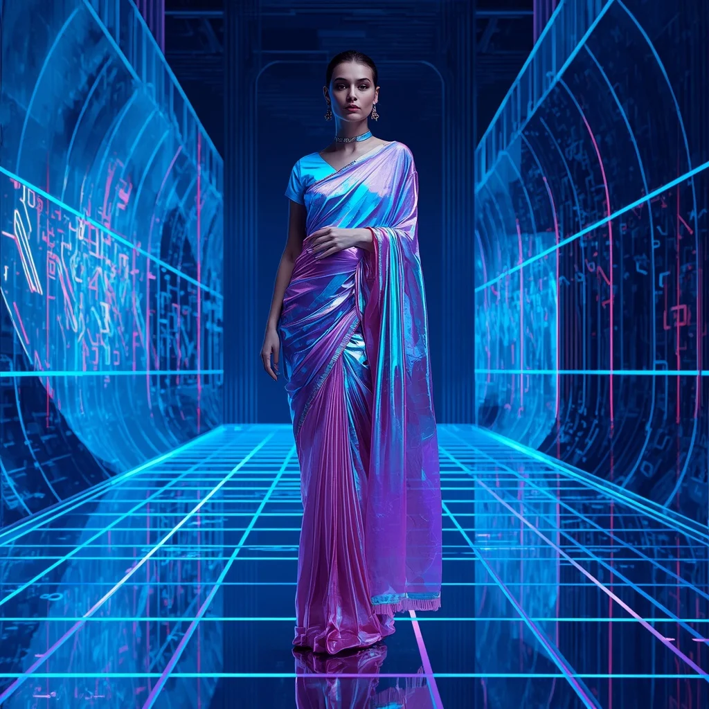 Hologram Plasma Silk Saree with Digital Dimension Split Field | Modern Design Ai Prompt
