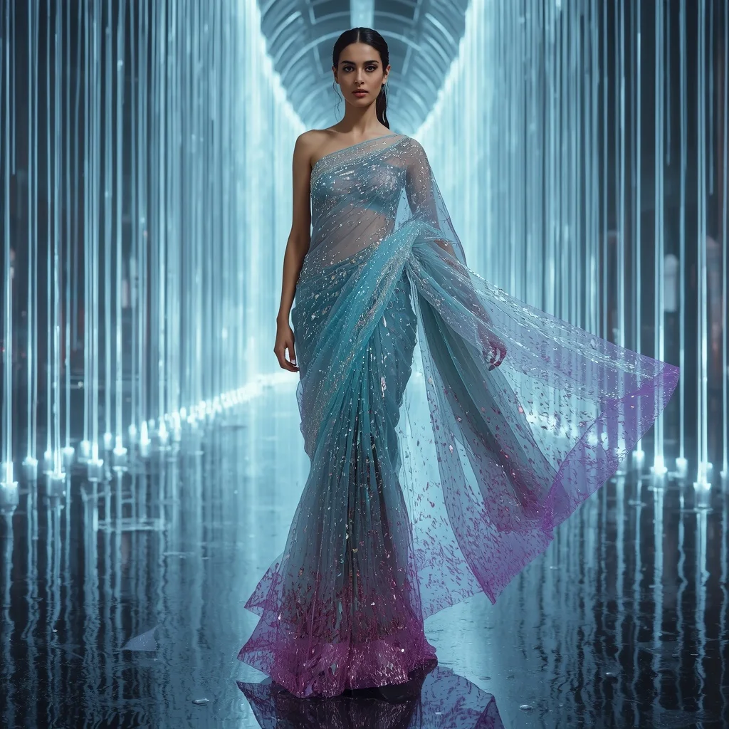 Hologram Waterfall Saree with Digital Rain Cathedral | Viral Prompt