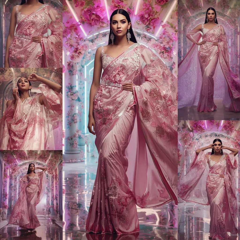 Holographic Bloom Saree with Infinity Floral Tunnel | Gemini Photo Prompt