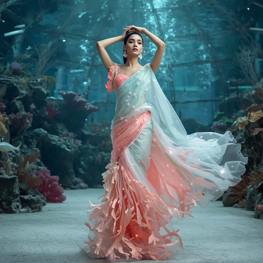Holographic Coral Rebuild Saree with Ocean Code Architecture | Prompt For Traditional Look For Girl ChatGPT