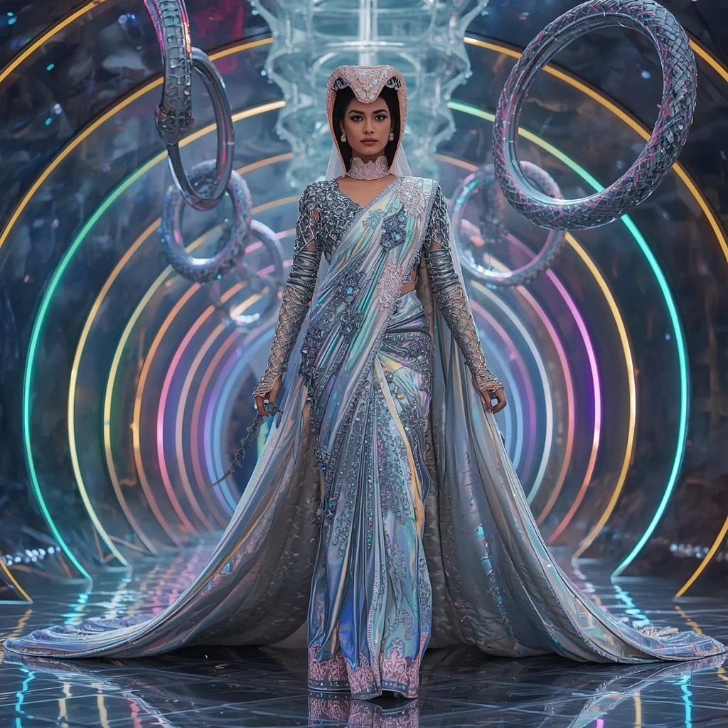 Holographic Crystal Cobra Saree with Floating Serpent Rings and Neon Royal Atrium | Female Model Ai Prompt