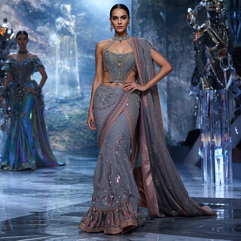 Holographic Diamond Royale Saree with Infinity Prism Reflection Observatory | Desi Girl Ai Prompt