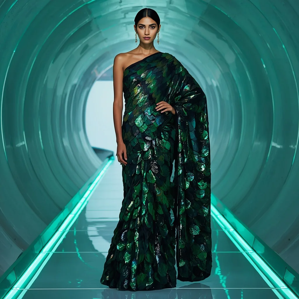 Holographic Emerald and Obsidian Glass-Scale Saree with Biometric LED Tunnel | Ai Image Prompt