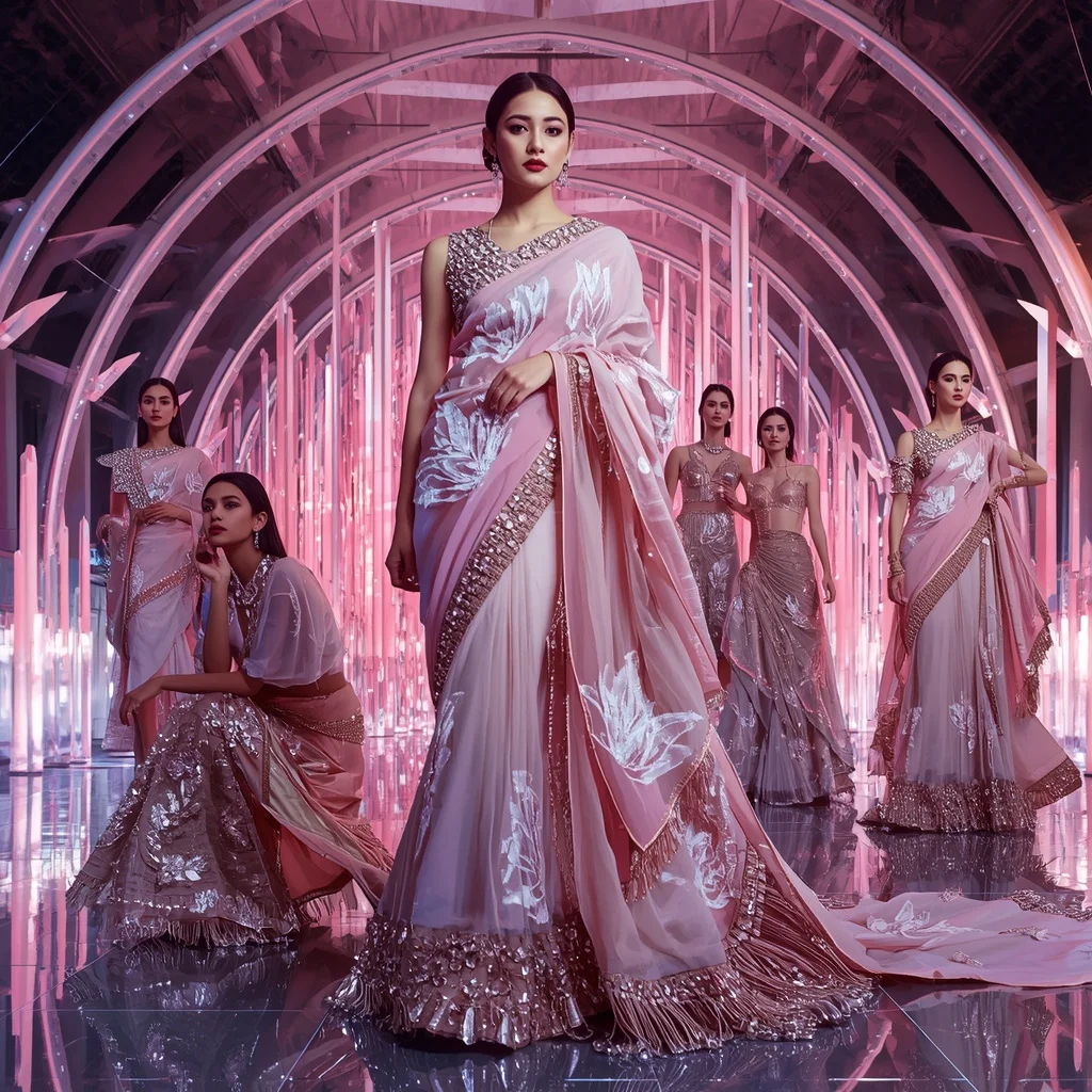 Holographic Lotus Flame Saree with Infinity Bloom Crystal Cathedral | Bridal Ai Prompt