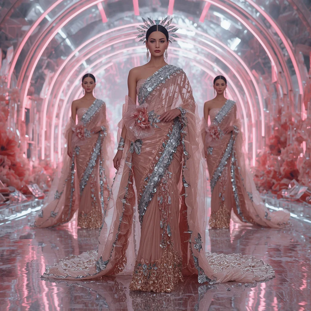 Holographic Lotus Flame Saree with Infinity Bloom Crystal Sanctuary | Gemini Prompt