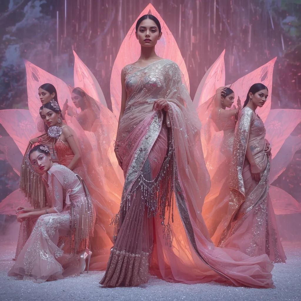 Holographic Lotus Flame Saree with Infinity Bloom Crystal Temple | Ai Photo Editing Prompt