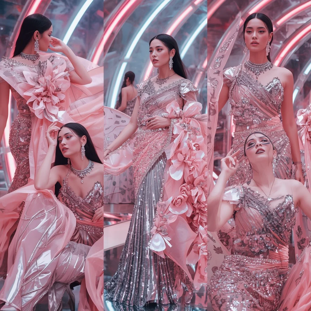 Holographic Lotus Flame Saree with Infinity Bloom Mirror Palace | Ai Girl Image Prompt