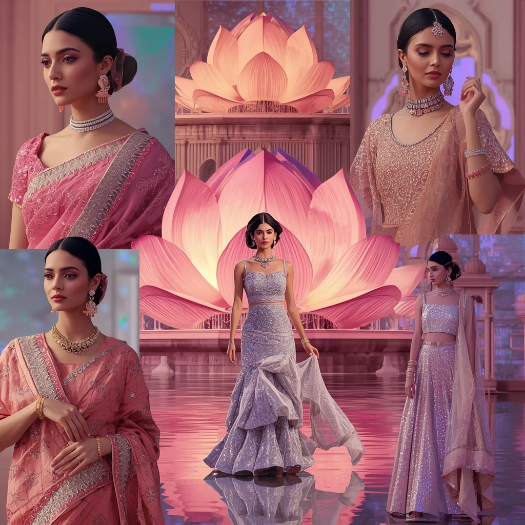 Holographic Lotus Palace Indian Dress Collage Image Prompt Festive Couture Luxury | Saree Prompt For Gemini Girl Instagram