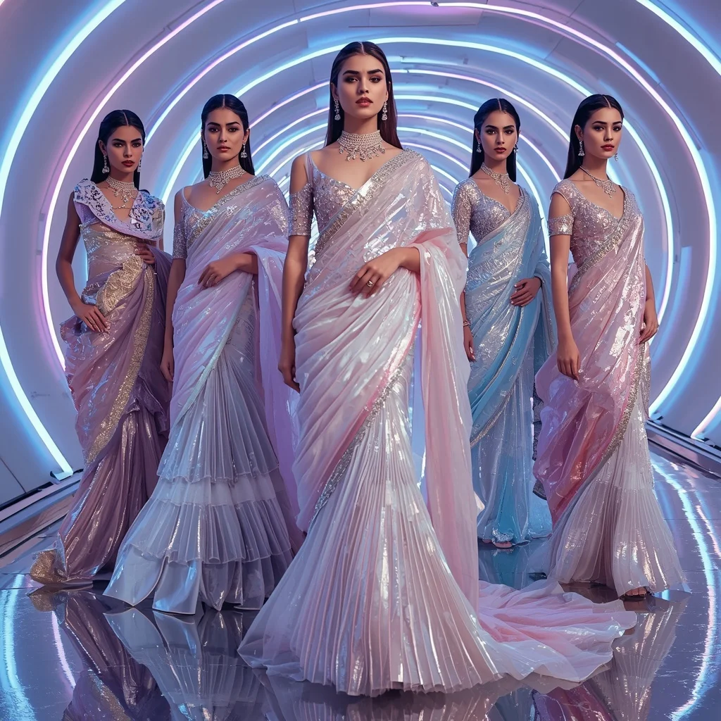 Holographic Lotus Queen Saree with Neon Spiral Palace | Ai Gemini Saree Prompt