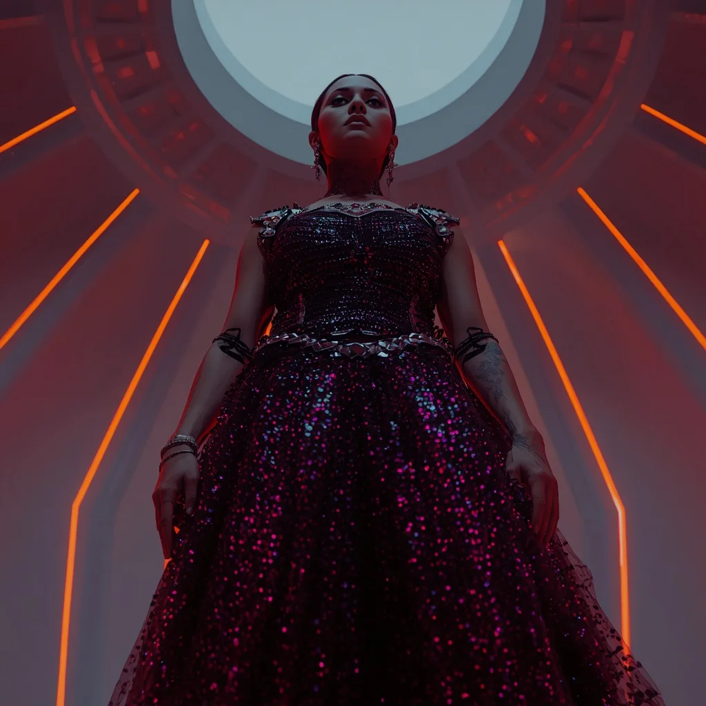 Holographic Ruby and Obsidian Armor Saree with Geometric Light Dome | Instagram Carousel Ai Prompt