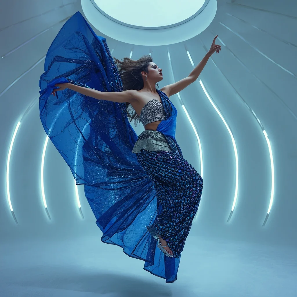 Holographic Sapphire and Molten Platinum Saree with Glowing Helix Dome | Art Ai Prompt